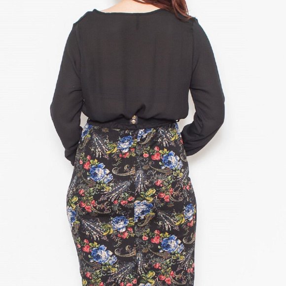 Blue Bell Ladies Sheath Dress V-Neck Long-Sleeve Black Floral Size 3XL  NWOT - Picture 3 of 5